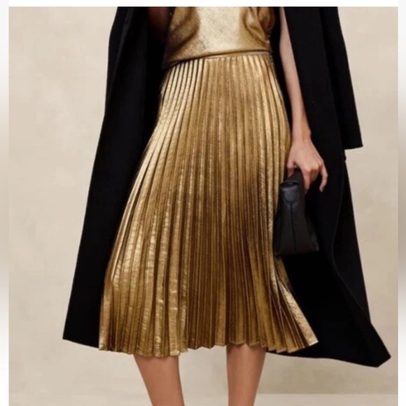 Banana Republic Gilded Gold Lame Pleated Midi Skirt  Office Wear Holiday Party 6 - Picture 1 of 14